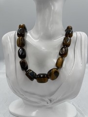 Boho Tigers Eye Gemstone Chunky Beaded Necklace Long 22”