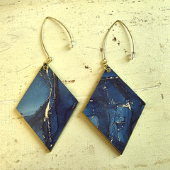 Handmade Abstract Wood Statement Earrings OOAK Deep Blue Gold Metallic Dangles