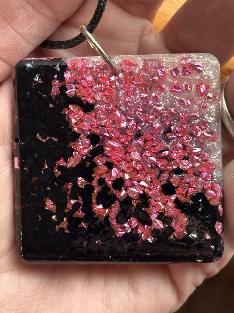 Handmade Pink & Black Sparkle Resin Statement Pendant Art Dark Aesthetic Jewelry