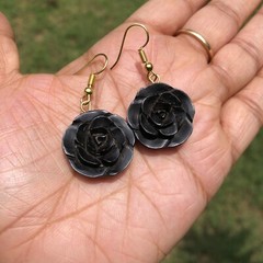 Ebony Wood Rose Flower Carved Handmade Earrings 45 mm length, D 1