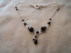 Black & Clear Glass Crystal Sterling Silver Bead Y Necklace Handmade 15.5″ long