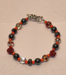 Glass Beaded Bracelet Red Black Clear Silver Round Beads Lobster Clasp