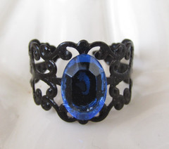 Blue Sapphire Faceted Crystal Black Metal Filigree Adjustable Ring*6-7 Size*