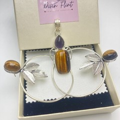 Tiger Eye Amethyst Necklace & Earrings Jewelry Set 925 Sterling Silver SOLO SET