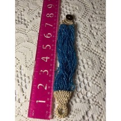 Handmade Blue Seed Bead Strand Bracelet Crochet 1961 Coin Button Boho 8″