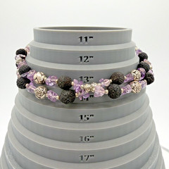 Vtg Boho Lava Rock Amethyst Gemstone Chip Silver Tone Rose Bead Long Necklace