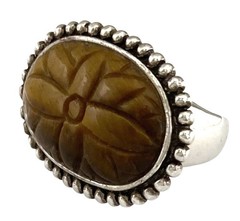 WHITNEY KELLY Sterling Silver Bead Accent Oval CARVED TIGER’S EYE Dome Ring~SZ 6