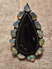Massive Black Onyx & Ethiopian Opal Gemstone Sterling Silver Adjustable Ring