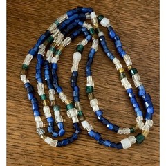 Vintage Glass Bead Necklace 22″ long Blue, Green & White Excellent