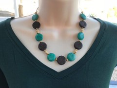 Handmade Necklace of Red Marble with Teal, Blue, and Beige Magnesite Stone Beads