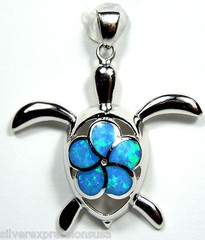Blue Fire Opal Inlay Genuine 925 Sterling Silver Plumeria Flower Turtle Pendant