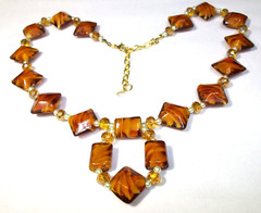 New Honey Brown Yellow Art Glass Beads Necklace Gold Plated Clasp and Chain