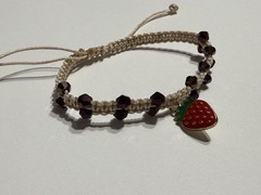 Handmade Adjustable Beaded Braided Bracelet, Strawberry Charm, Tie, Purple Beig…