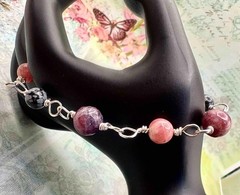 Sterling Silver Rhodochrosite Tourmaline Snowflake Obsidian Gemstone Bracelet