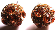 Vtg MCM Gold Tone FACETED PEACH RHINESTONE Domed Post Earrings PRONG SET 1950s