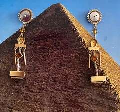 Handcrafted Egyptian Revival Earrings, Pharaoh, Tut, Czech Glass, Topaz, Gold