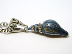 Swirling Blue and Gold Enameled Shell Pendant on 17.25 Inch Necklace Silver Tone