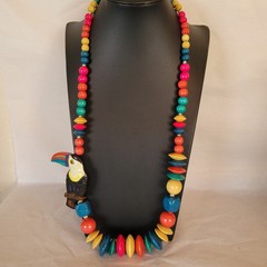 Colorful Island Necklace Hand Painted Wooden Toucan Beads 28 in.