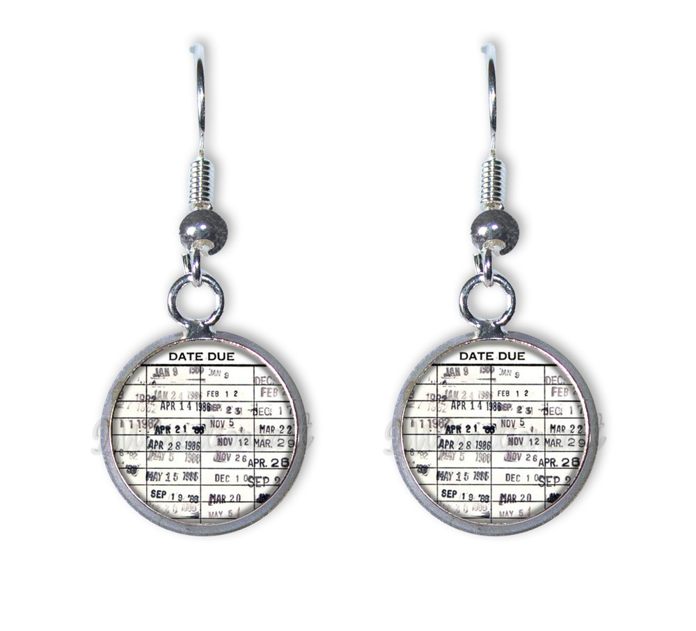 Retro Due Date Library Card Book Lovers SMALL Resin Dangling Earrings 12MM Rnd