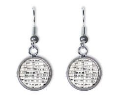 Retro Due Date Library Card Book Lovers SMALL Resin Dangling Earrings 12MM Rnd