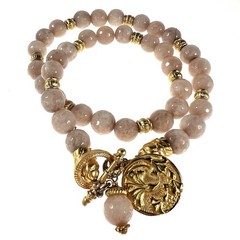 Gold Medallion Pendant Necklace Round Peach/Pink Jade Beads w/ Gold Toggle Clasp