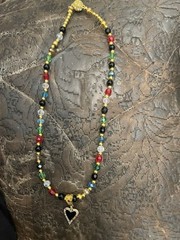 Retro Black Enamel 18k Gold Heart Pendant Red Blue Crystal Jet Bead Necklace