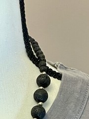 Greek Black Lava Stone Necklace w Large Mother of Pearl