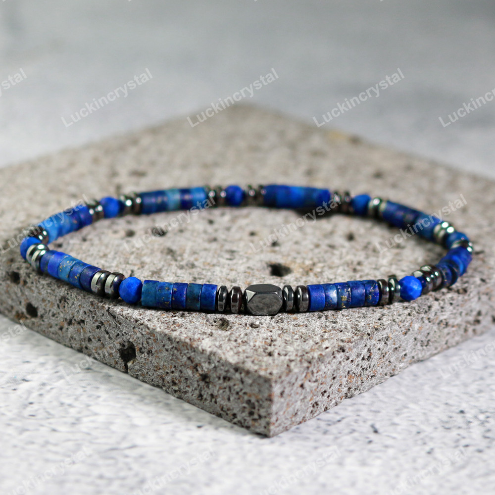 Natural Lapis Lazuli & Hematite Beaded Crystal Healing Reiki Stretch Bracelet