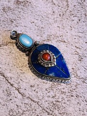 Southwest Turquoise Lapis Lazuli & Coral Arrow Totem Pendant VTG 800 Coin Silver
