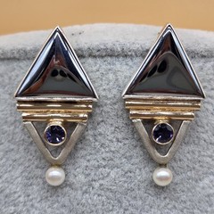 Vintage 14k Yellow Gold Sterling Silver 925 Genuine Pearl Gemstone Earrings