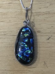 Abalone Style Dichroic Glass Pendant 16” Necklace Blue Green Foil Silver Jewelry