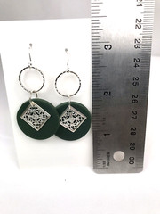 Handmade Green Clay with Detailed Squares & Hoops, Silver Plated Hooks