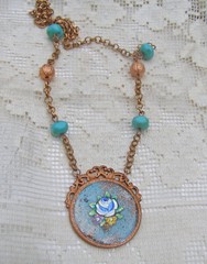 Vintage Enamel Flower Blue Green Copper Collage Necklace Rose Gold Color
