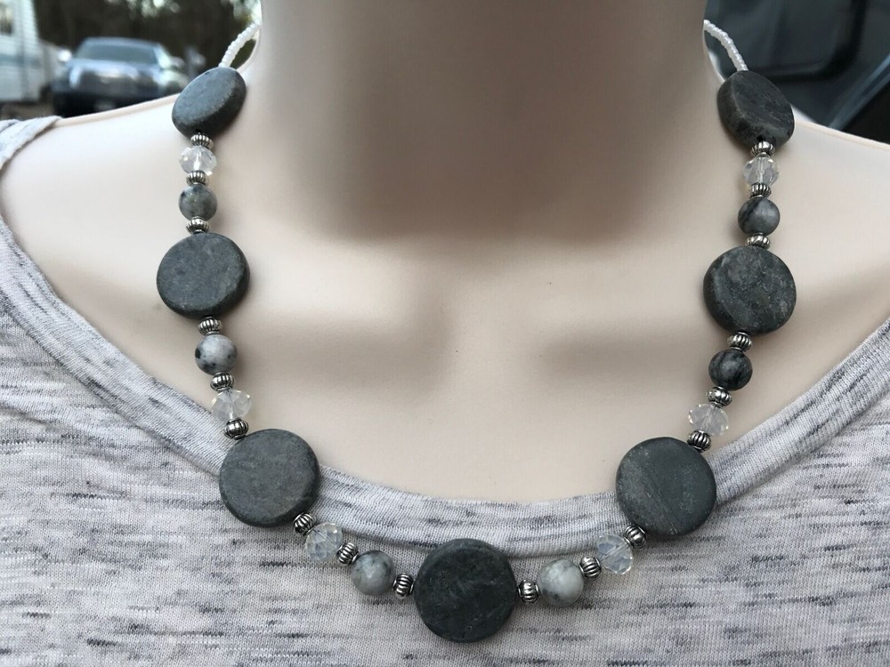 Handmade Necklace of Green Marble, Jungle Jasper Stone, and Clear Glass Beads