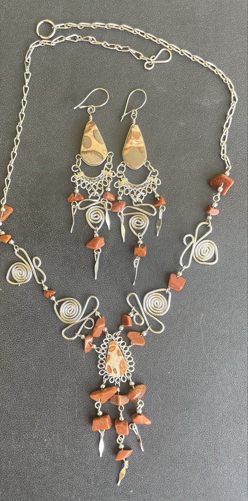 Peruvian Leopardite Jasper Semi-Precious Stone Necklace Long Earrings Set Boho
