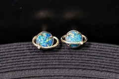 Saturn Design Doublet Opal Stud Earrings 14K Yellow Gold