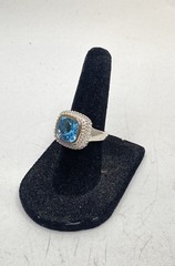Sterling Silver 925 Blue Topaz Ring Size 5 Triangular Thread Inlay Earrings Set