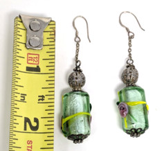 Lampwork Art Glass Dangle Earrings Sterling Silver Hook Green Pink Rose w Foil