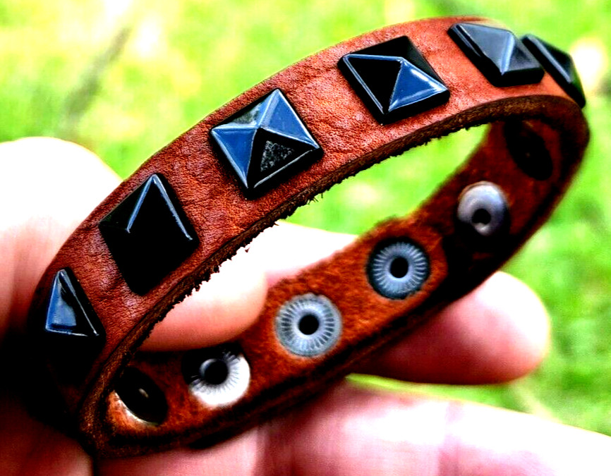 Pyramid stud rivet genuine Buffalo Bison leather bracelet customize to wrist.