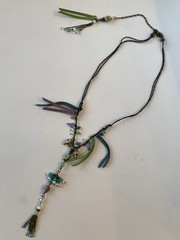 Handcrafted Multicolor Glass Beaded Tassel Pendant Necklace, Leather Cord, Brass