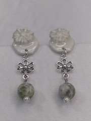 Handcrafted Polymer Clay Resin Silver Stud Dangle Pearl White Floral Earrings