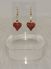 Valentines Day Dangling Gold & Red Rhinestone Heart Golden French Hook Earrings
