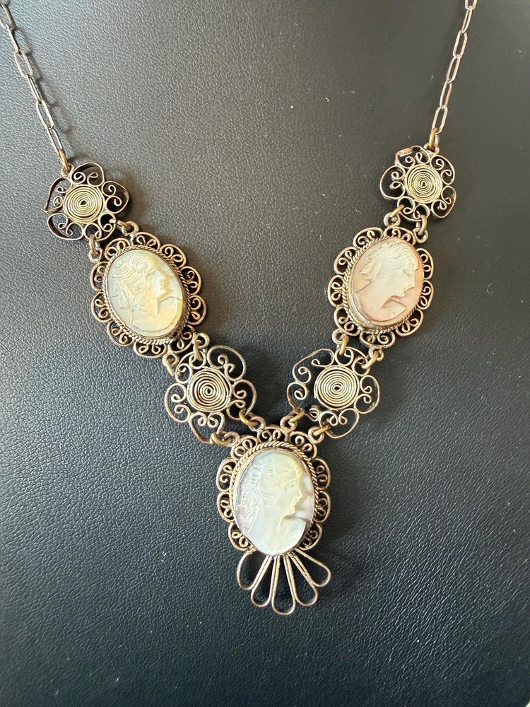 Vintage Sterling Silver triple shell Cameo Necklace – Mother of Pearl, Victorian