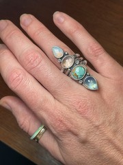 Artisan Silversmith Multi-stone Long Crawler Ring Opal Turquoise Tourmaline Sz 7