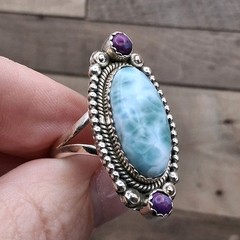 Larimar Sterling Silver Statement Ring Purple Accents Size 8.5 Southwestern Boho