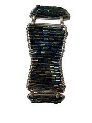 Peacock Seed Bead Wire Cuff Bracelet Boho Artisan Iridescent Toggle Statement