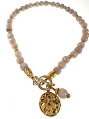 Gold Medallion Pendant Necklace Round Peach/Pink Jade Beads w/ Gold Toggle Clasp