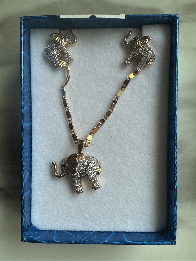 18K Gold Plated Elephant Earrings and Necklace Jewelry Gift Set