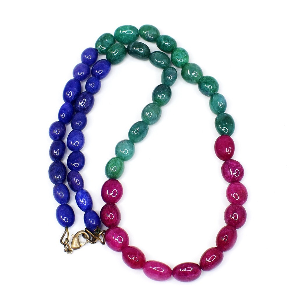 Oval Shape Ruby , Emerald & Sapphire 246 Cts Beaded Womens Necklace AK 09 E546