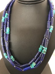 Denim Lapis Multi Strand Turquoise Navajo Sterling Silver 22” Necklace 3318